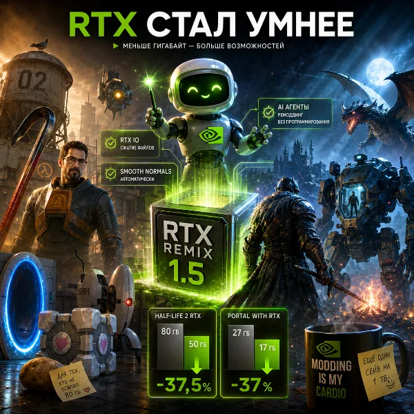 Обложка Nvidia выпустила RTX Remix 1.5: улучшенное сжатие RTX IO и ИИ-агенты для моддинга
