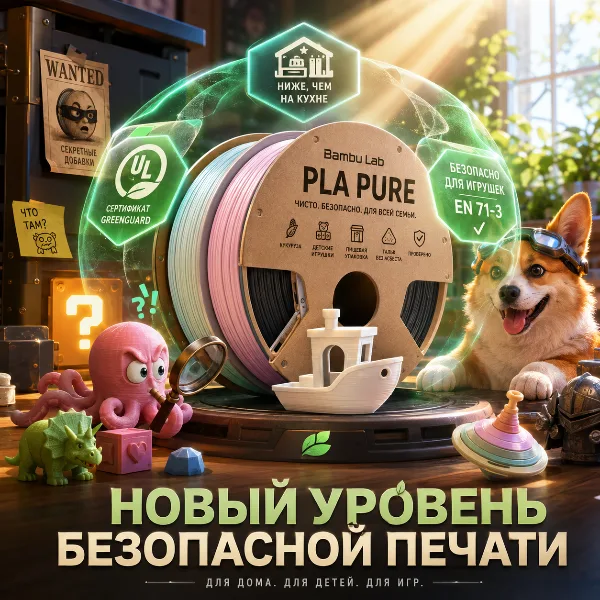 Обложка Bambu Lab выпускает «чистый» PLA-Pure: безопасный для детей, домашних животных и пищевых продуктов, но с оговорками