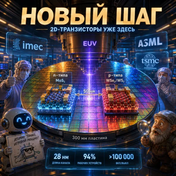 Обложка Imec, ASML и TSMC достигли рекордного шага 50 нм для 2D-транзисторов на 300-мм пластинах