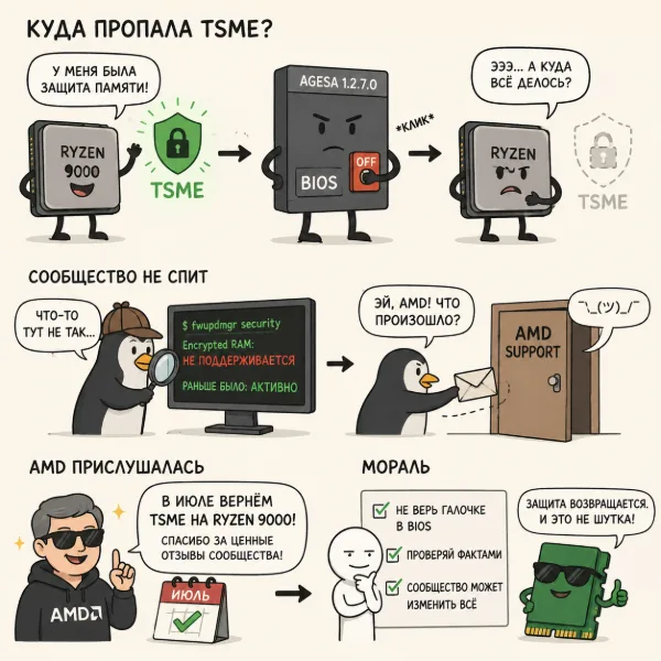 Обложка AMD передумала: шифрование памяти TSME вернётся в Ryzen 9000 уже в июле