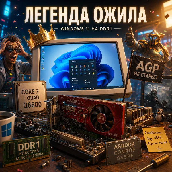 Обложка Windows 11 запустили на ПК эпохи DDR1: Core 2 Quad Q6600, AGP-видеокарта и даже Crysis