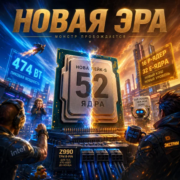 Обложка Intel Nova Lake: флагманский 52-ядерный процессор получит лимит мощности PL2 474 Вт