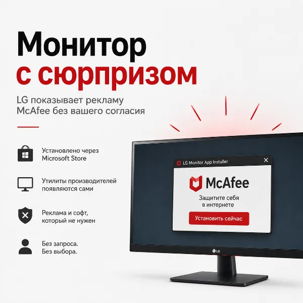 Обложка Мониторы LG и Alienware сами устанавливают рекламу McAfee: как остановить непрошеный софт в Windows
