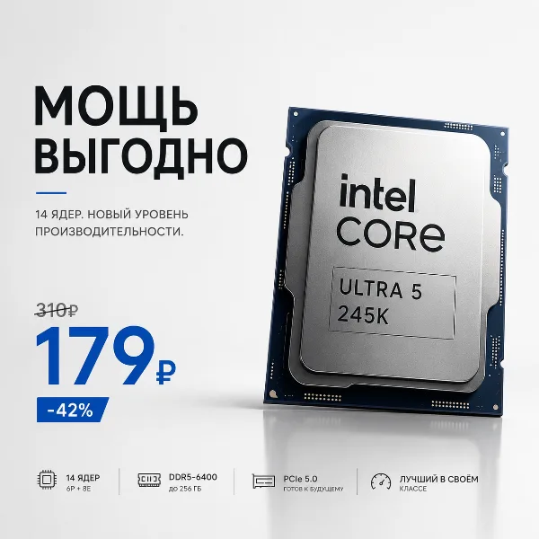 Обложка Intel Core Ultra 5 245K подешевел до $179: скидка 42% на 14-ядерный процессор Arrow Lake