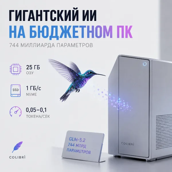 Обложка Colibrì: как запустить ИИ-модель на 744 млрд параметров всего на 25 ГБ ОЗУ без видеокарты