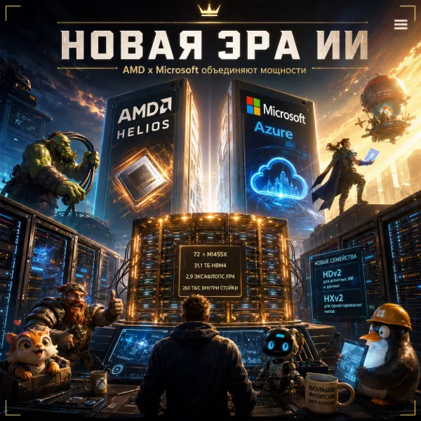 Обложка Microsoft развернёт AMD Helios в дата-центрах Azure для ИИ-нагрузок нового поколения