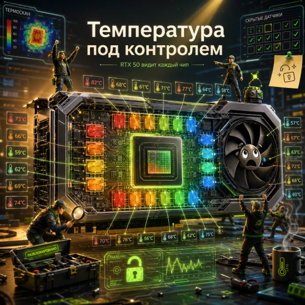 Обложка Температура каждого чипа памяти на RTX 50: дополнение Hotspot.dll открыло скрытые датчики GDDR7