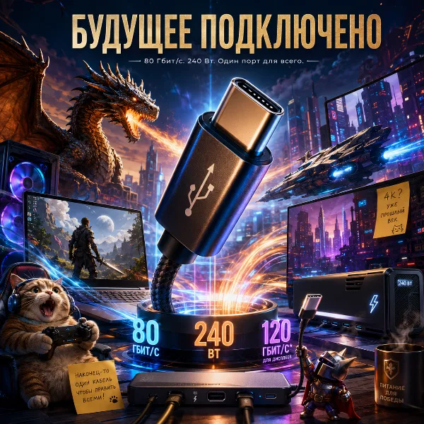 Обложка USB4 2.0 и Thunderbolt 5 в 2026 году: как USB-C становится скоростной магистралью на 120 Гбит/с
