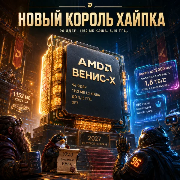 Обложка AMD представила Venice-X: 96 ядер, 1152 МБ кэша L3 и частота до 5,15 ГГц