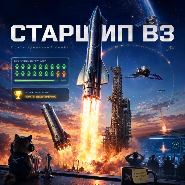 Обложка SpaceX испытала Starship V3: два двигателя отказали, но полёт признали успешным