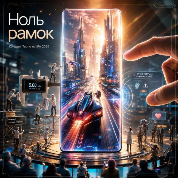 Обложка Tecno на IFA 2026 покажет смартфон с рамкой 0 мм — первый по-настоящему безрамочный экран