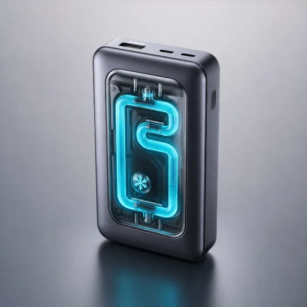 Обложка UGREEN MagFlow Pro: павербанк с жидкостным охлаждением и окном, где видно теплоноситель