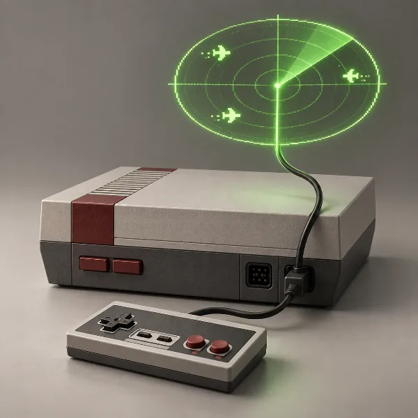 Обложка NES Radar: приставка NES показывает авиатрафик через порт второго джойстика