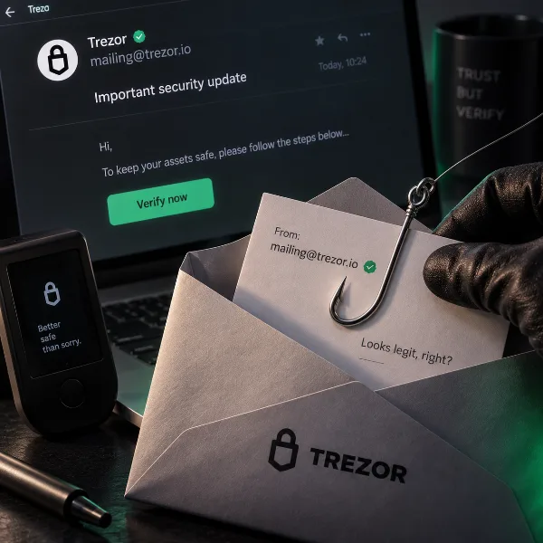 Обложка Фишинговые письма Trezor пришли с настоящего адреса mailing@trezor.io