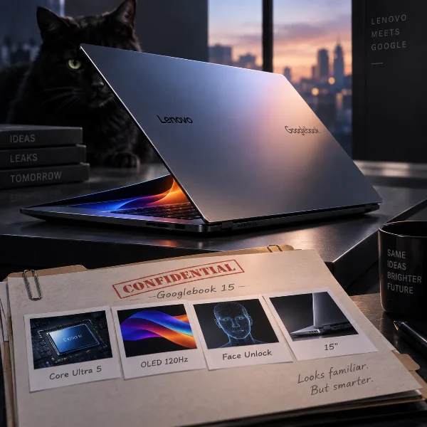 Обложка Lenovo Googlebook 15: утечка раскрыла начинку — Core Ultra 5, OLED 120 Гц и сканер лица