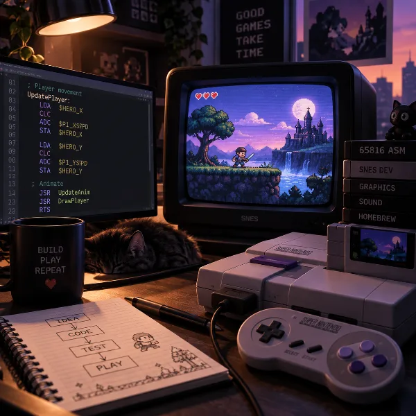 Обложка Homebrew-игра для SNES на ручном ассемблере: разработчик показывает весь процесс