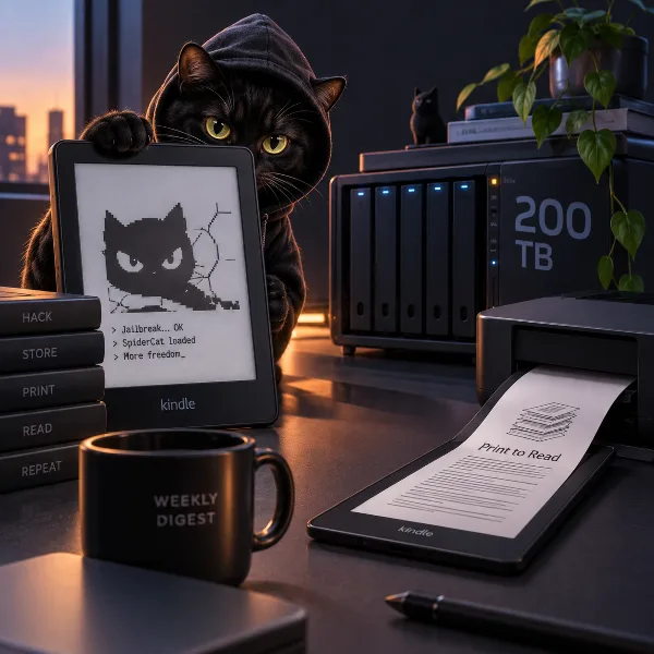 Обложка Джейлбрейк Kindle SpiderCat, NAS на 200 ТБ и печать документов на ридер: дайджест недели