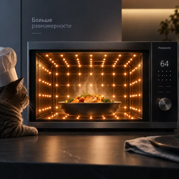 Обложка Микроволновка Panasonic NN-SF57RM без поддона греет еду равномерно по 64 точкам замера
