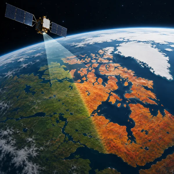 Обложка Первая осень 2026 года из космоса: спутник Landsat 9 снял, как тундра Нунавута из зелёной стала оранжевой