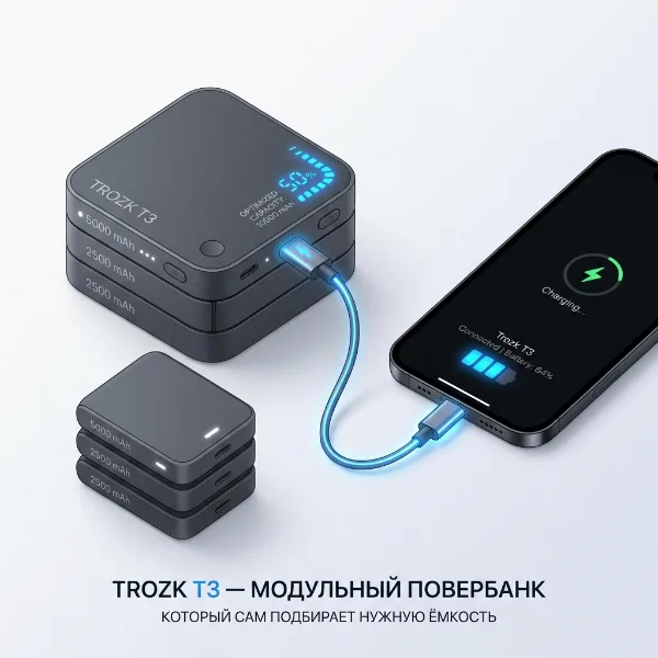 Обложка Trozk T3 — модульный повербанк, который сам подбирает нужную ёмкость