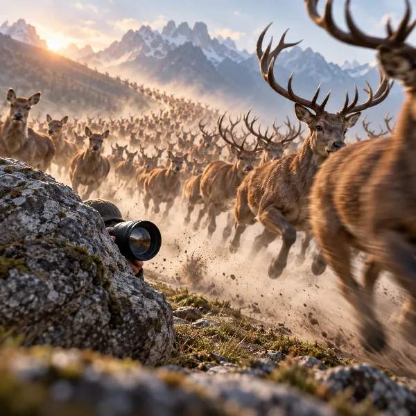 Обложка Фотограф спрятался за камнем, когда на него понеслось стадо из 400 диких оленей