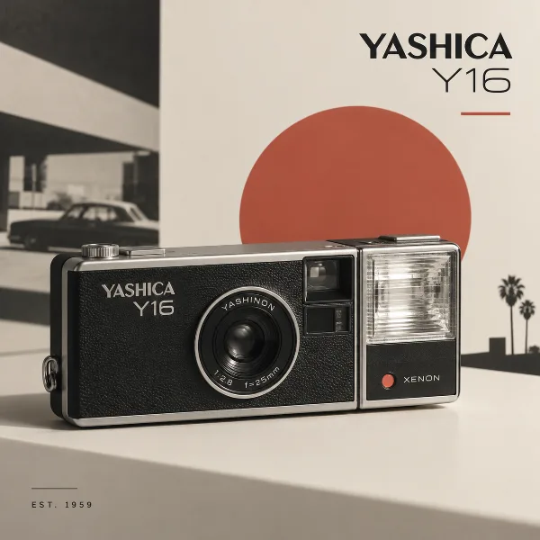 Обложка Yashica Y16: плоская ретрокамера с ксеноновой вспышкой по мотивам модели 1959 года
