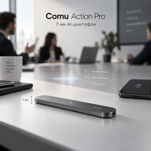 Обложка Comu Action Pro: тонкий ИИ-диктофон 7 мм, который записывает совещания вместо смартфона