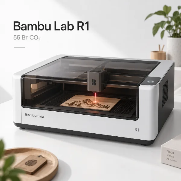 Обложка Bambu Lab R1: мощный настольный CO₂-лазерный станок на 55 Вт для дома