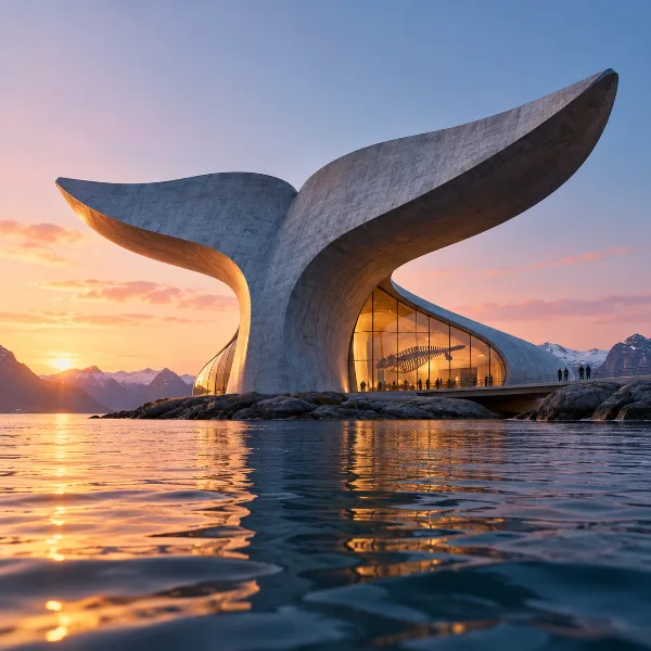 Обложка Музей The Whale в Норвегии: бетонная крыша в форме китового хвоста, выходящего из воды