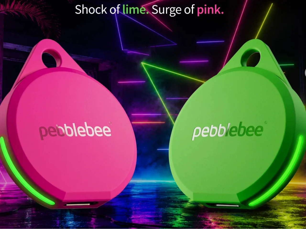 Трекеры Pebblebee Clip 5 из коллекции Neon Pulse в салатовом и розовом цветах