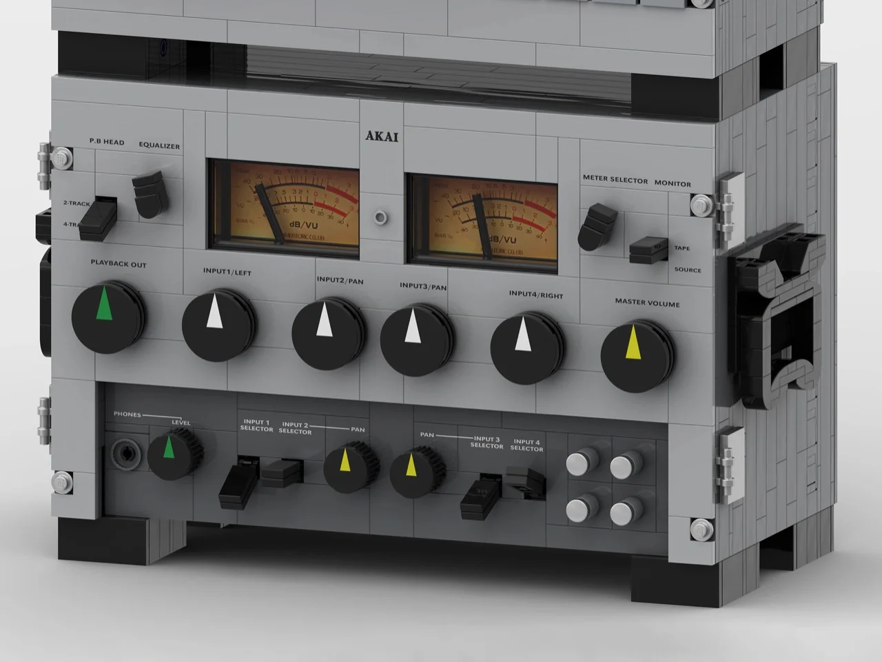 Рендер LEGO-модели катушечного магнитофона AKAI в стиле конца 1970-х