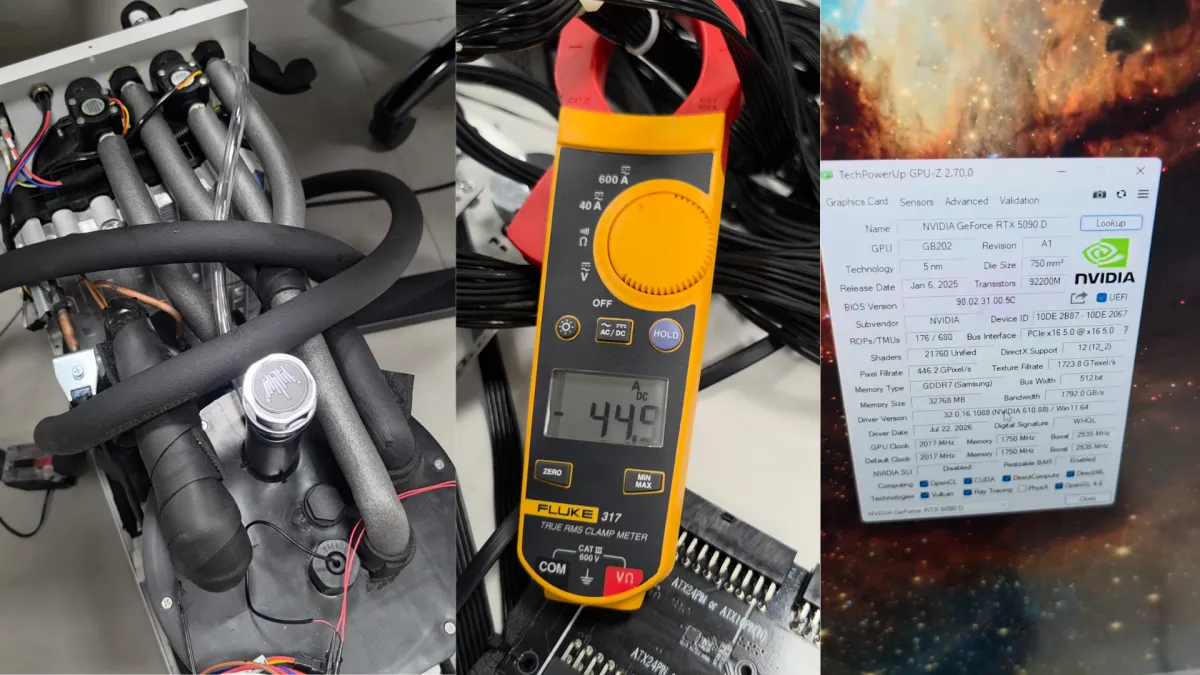 Стенд с видеокартой RTX 5090 без радиатора: вентиляторы на стяжках и подключённый промышленный чиллер