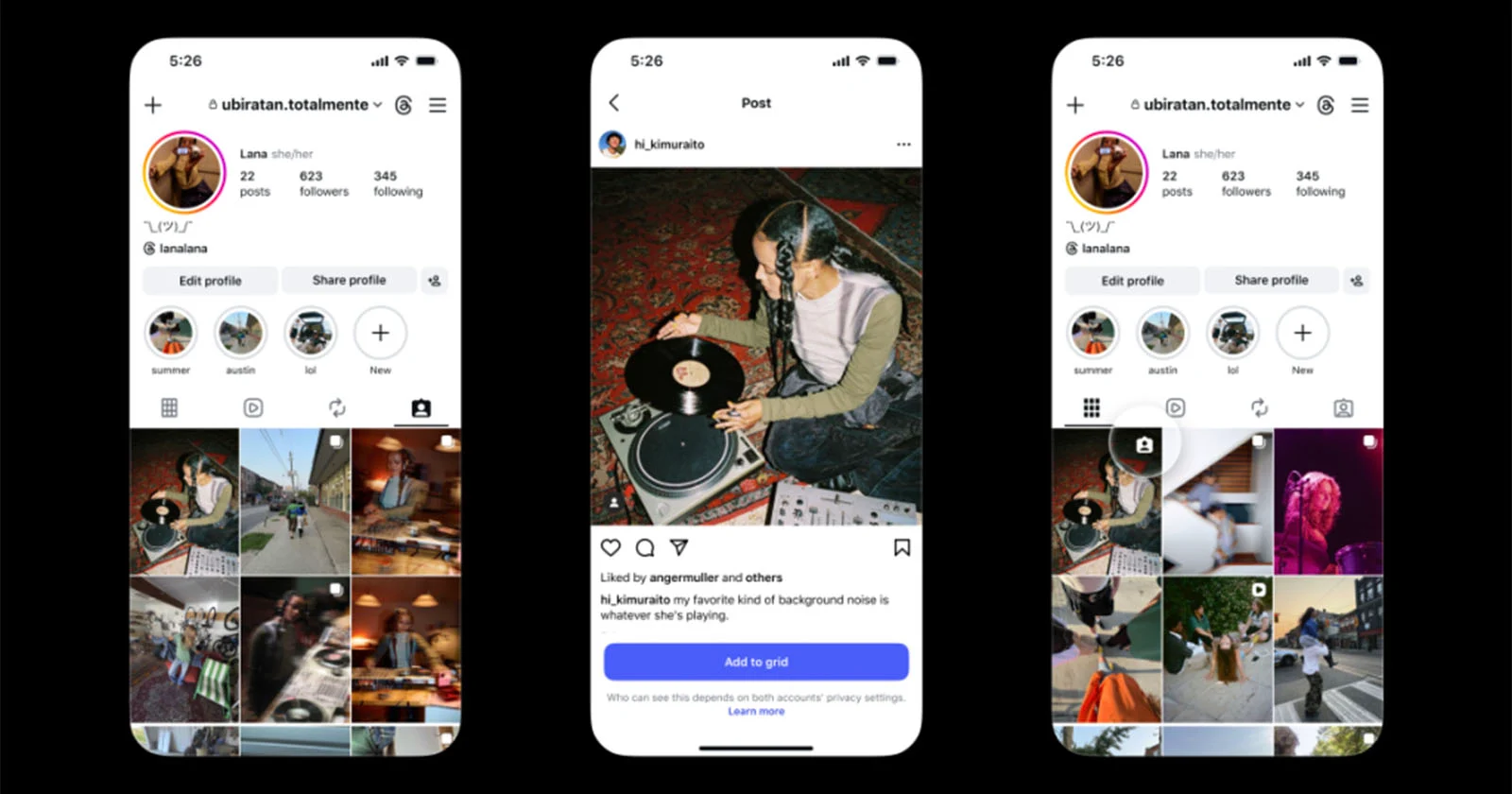 Экран профиля в Instagram с сеткой публикаций и вкладкой отмеченных постов