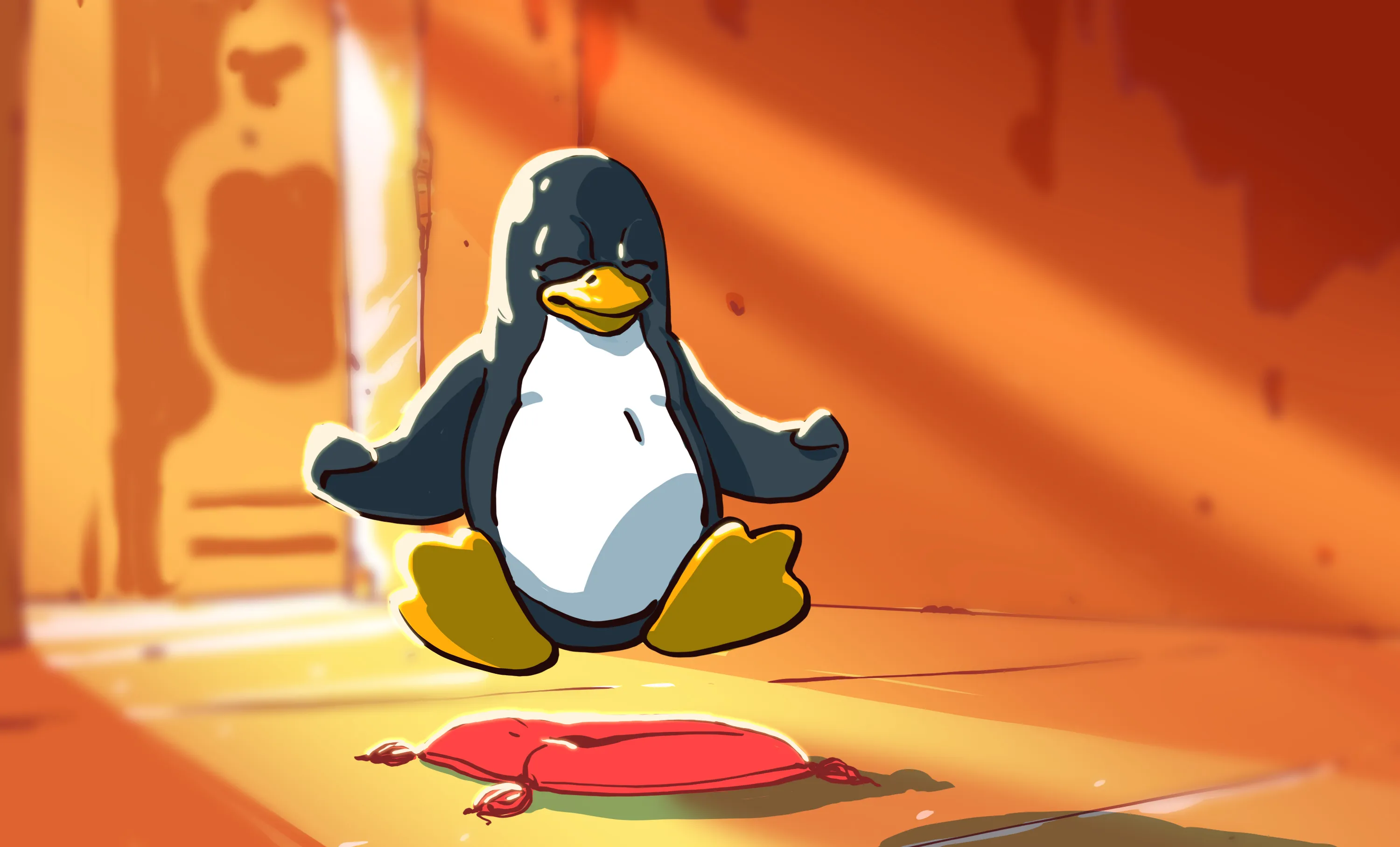 Логотип и исходный код ядра Linux на экране