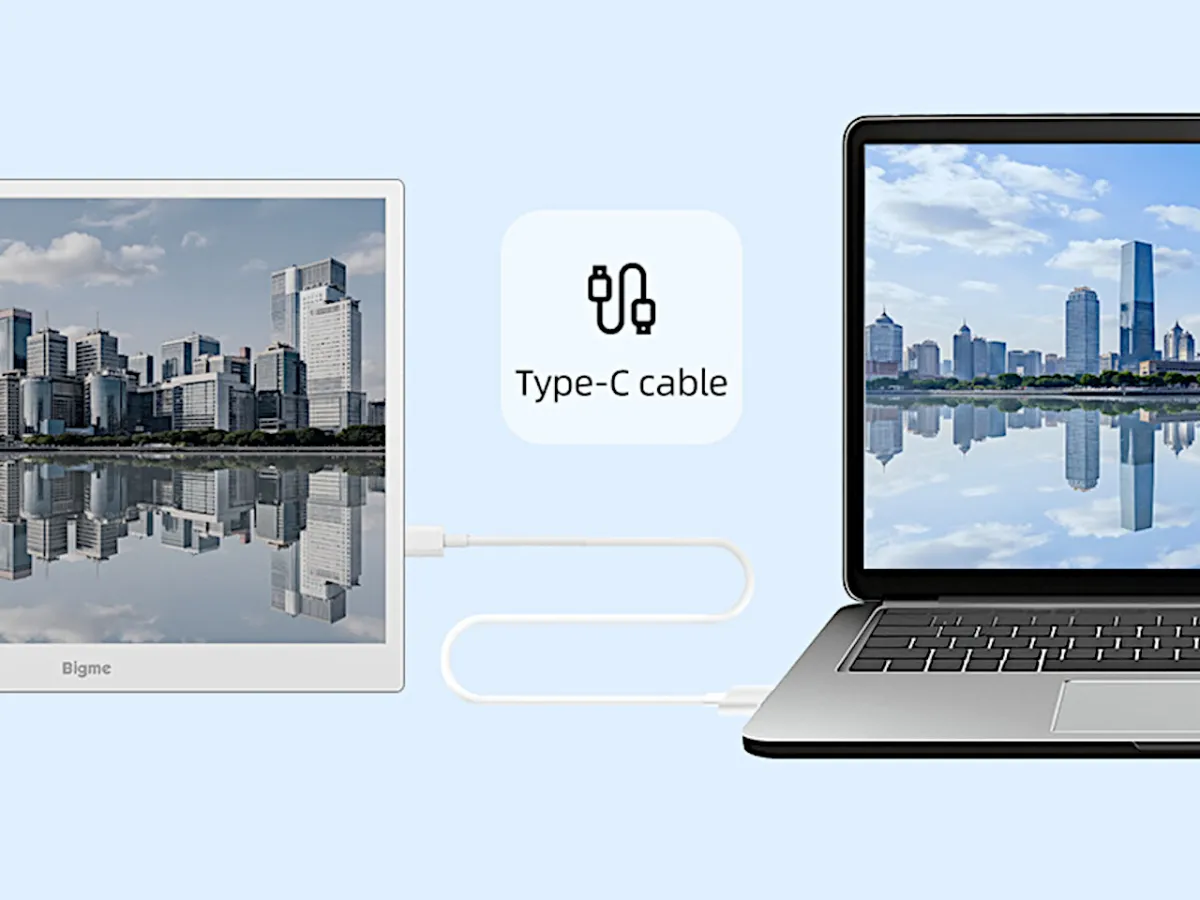 Bigme B13 Pro подключён к ноутбуку одним кабелем USB-C