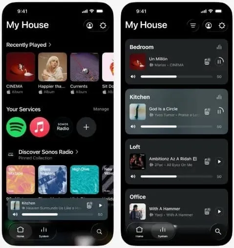 Список колонок и комнат в приложении Sonos с настройкой порядка