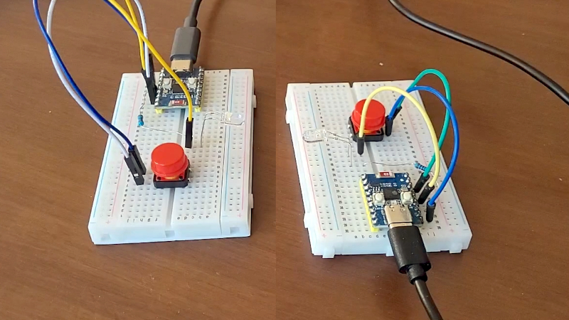 Две платы ESP32, обменивающиеся данными через светодиод в видимом диапазоне