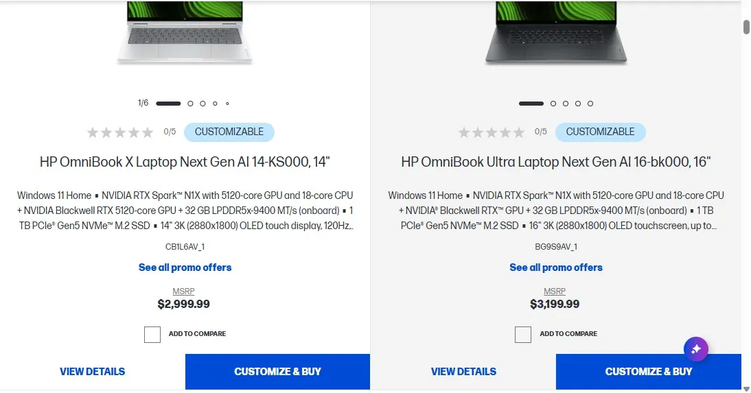 Цены на ноутбуки HP с 18-ядерным Nvidia RTX Spark