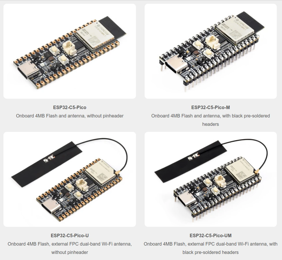 Четыре версии ESP32-C5 Pico: с PCB-антенной и внешней антенной, с распаянными гребёнками и без