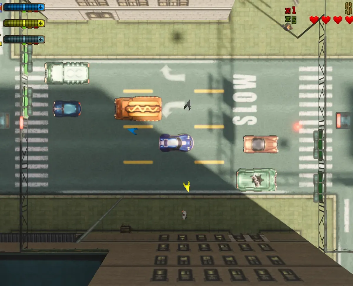 Ночная сцена в GTA 2 с трассировкой пути: неоновые вывески и огни машин освещают улицы.