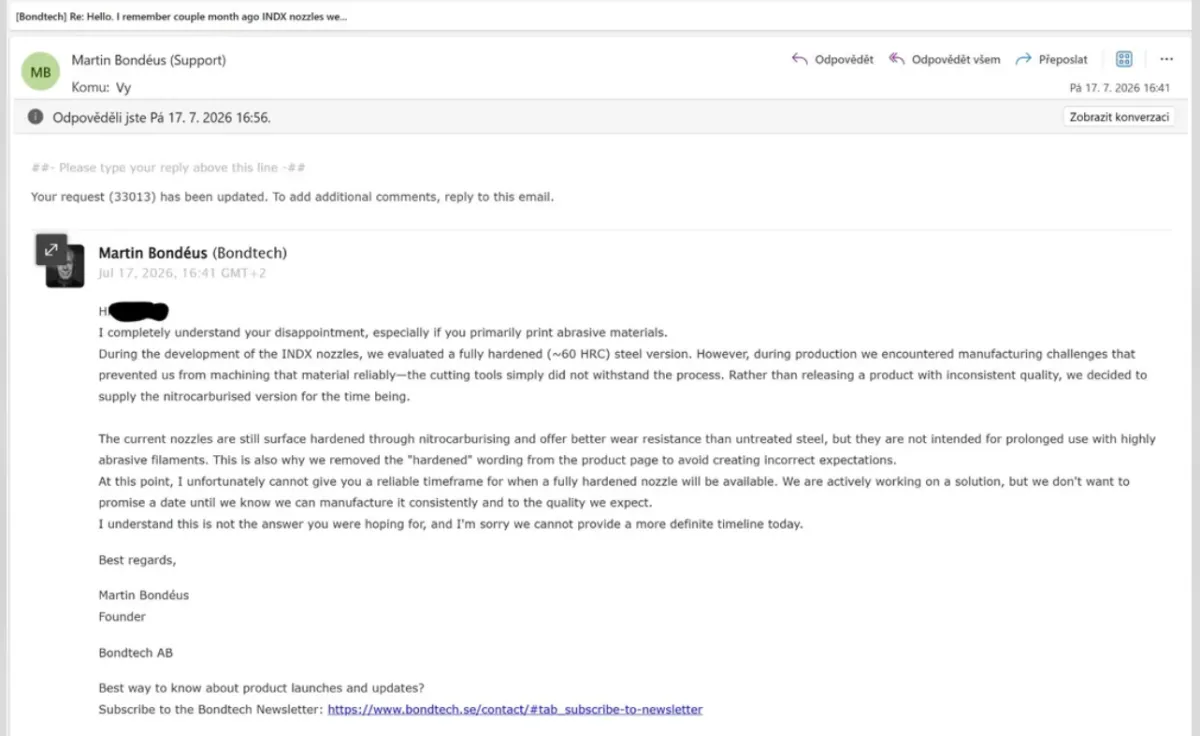 Скриншот переписки с поддержкой Bondtech, опубликованный на Reddit