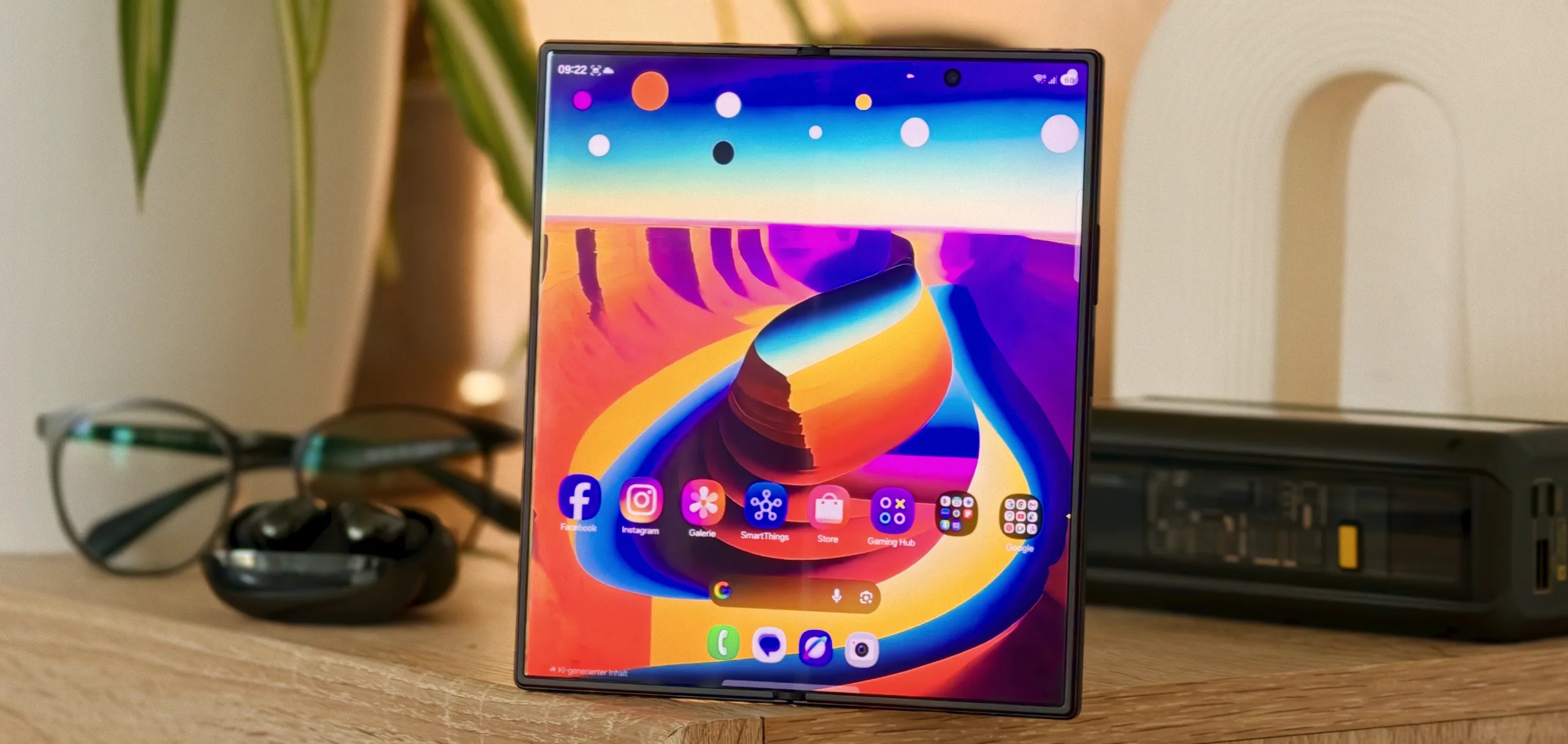 Смартфон Galaxy Z Fold 8 Ultra в горизонтальной ориентации, динамики расположены по обе стороны экрана