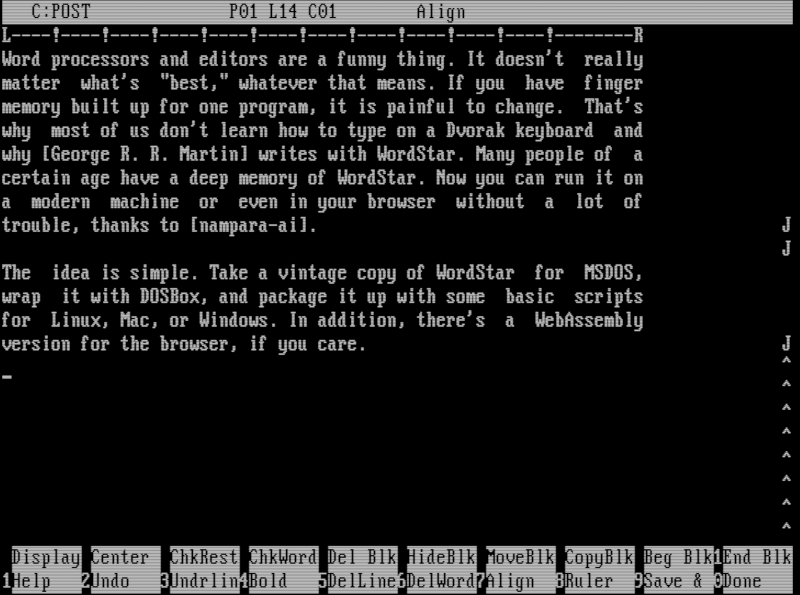Интерфейс текстового редактора WordStar 4.0 с классическим меню команд