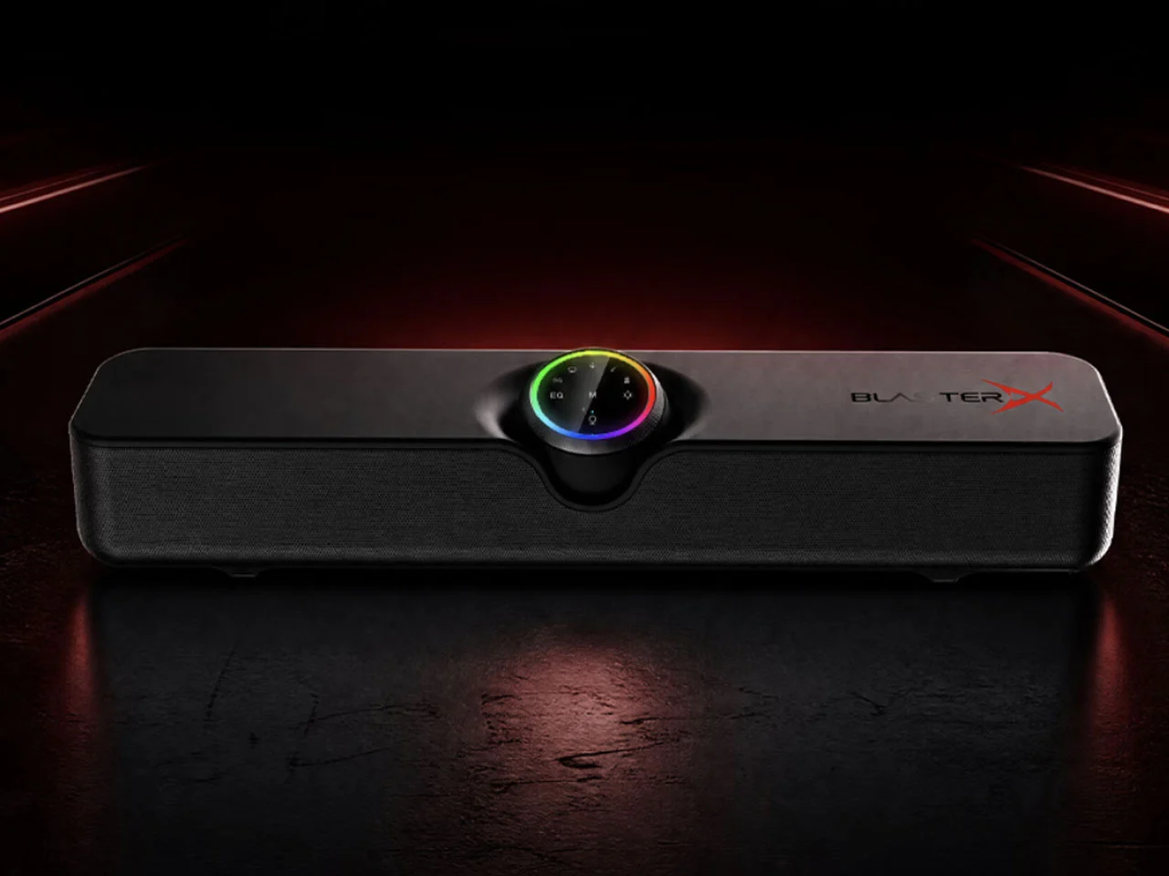 Чёрный корпус саундбара Creative B3 с круглым регулятором и цветной RGB-подсветкой