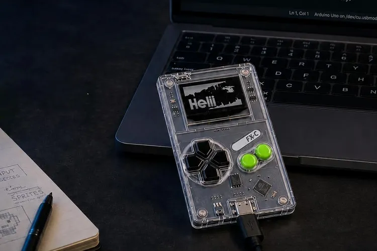 Тонкий корпус Arduboy FX-C рядом с кошельком для карт