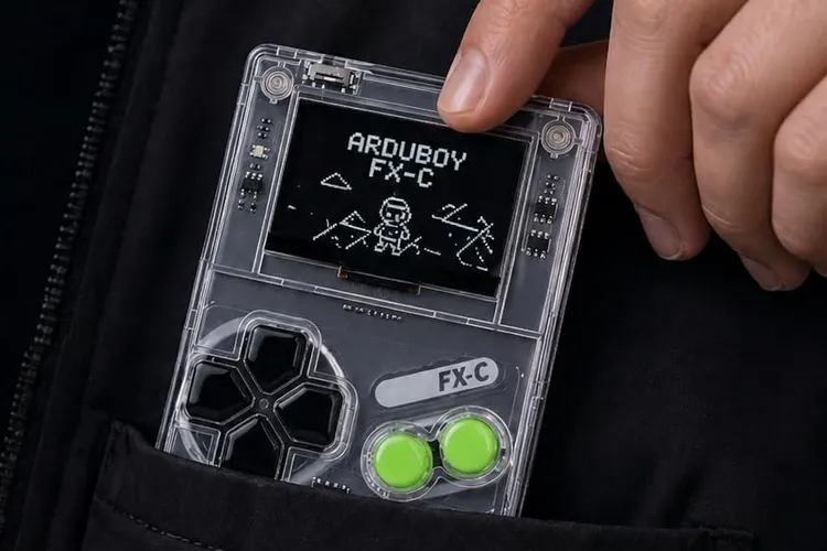Игровой процесс на монохромном OLED-экране Arduboy FX-C
