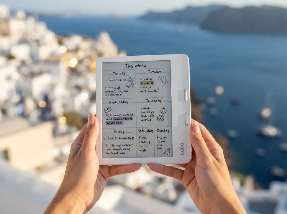 Белая электронная книга Kobo с рукописным планером на неделю на фоне приморского города