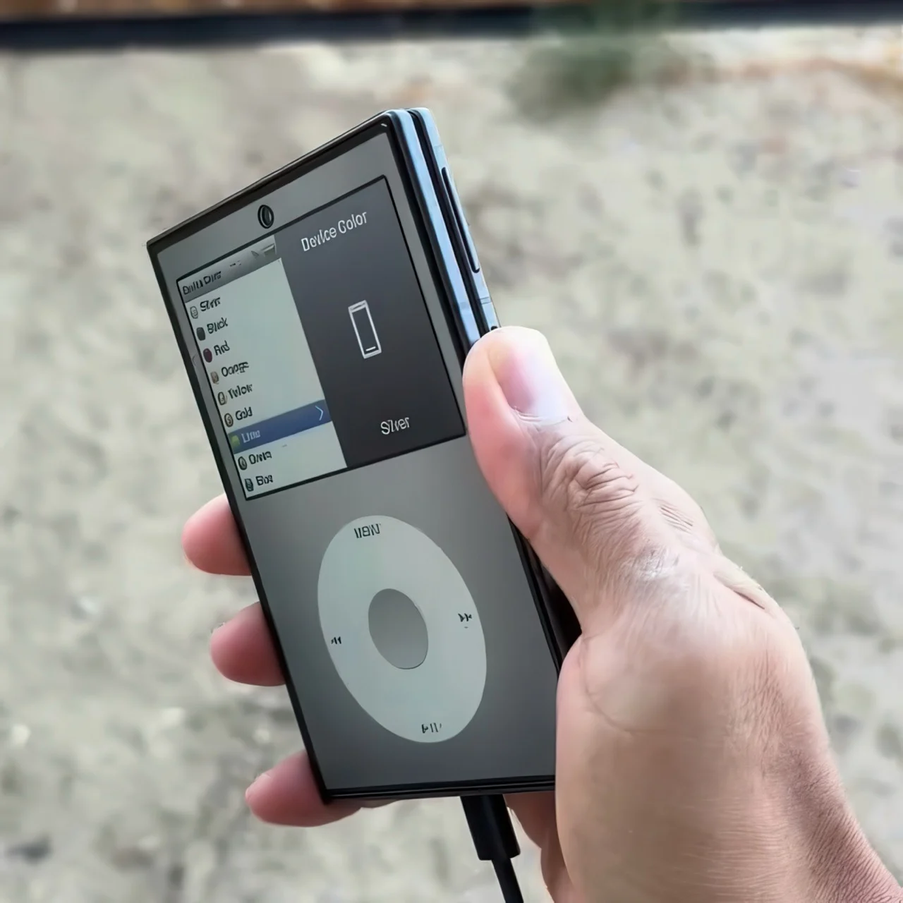 Складной смартфон с запущенным эмулятором iPod Classic в руке