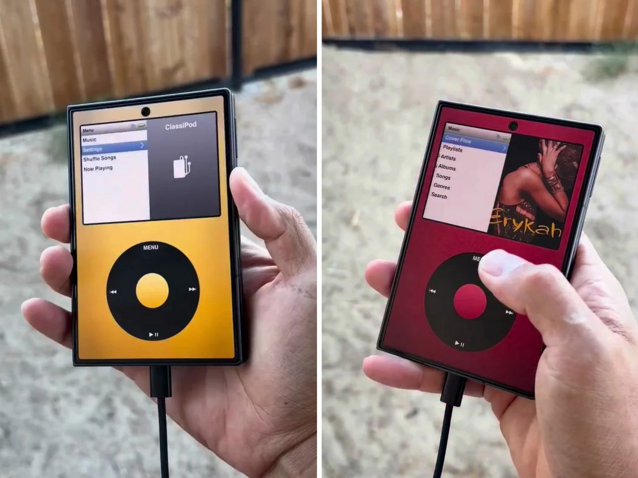 Интерфейс эмулятора Classipod в стиле iPod Classic на экране складного смартфона